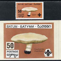 Batum 1994 Fungi - Cultivated Mushroom 50r with Scout emblem, original hand-painted atywork on card 90 mm x 65 mm with overlay plus issued stamp. Note this item is privately produced and is offered purely on its thematic appeal, i……Details Below