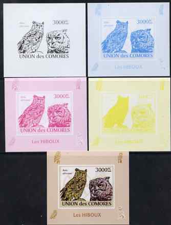 Comoro Islands 2009 Owls s/sheet - the set of 5 imperf progressive proofs comprising the 4 individual colours plus all 4-colour composite, unmounted mint
