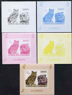 Comoro Islands 2009 Owls s/sheet - the set of 5 imperf progressive proofs comprising the 4 individual colours plus all 4-colour composite, unmounted mint