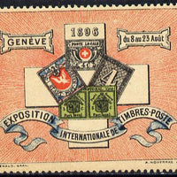 Switzerland 1896 Geneva Philatelic Exhibition perforated label showing early Swiss classic stamps, on gummed paper
