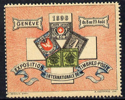 Switzerland 1896 Geneva Philatelic Exhibition perforated label showing early Swiss classic stamps, on gummed paper