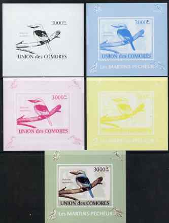 Comoro Islands 2009 Kingfisher s/sheet - the set of 5 imperf progressive proofs comprising the 4 individual colours plus all 4-colour composite, unmounted mint