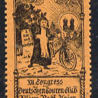 Germany 1897 Munich Cycling Exhibition label showing youth with bicycle, perforated on gummed paper