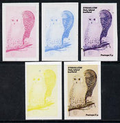 Eynhallow 1974 Owls (UPU Centenary) 3.5p (Snowy Owl) set of 5 imperf progressive colour proofs comprising 3 individual colours (red, blue & yellow) plus 3 and all 4-colour composites unmounted mint
