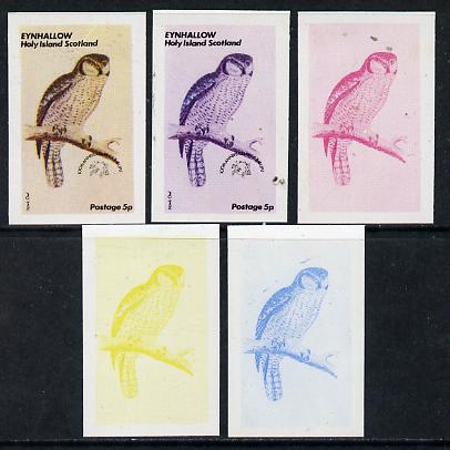 Eynhallow 1974 Owls (UPU Centenary) 5p (Hawk Owl) set of 5 imperf progressive colour proofs comprising 3 individual colours (red, blue & yellow) plus 3 and all 4-colour composites unmounted mint