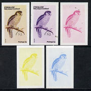 Eynhallow 1974 Owls (UPU Centenary) 5p (Hawk Owl) set of 5 imperf progressive colour proofs comprising 3 individual colours (red, blue & yellow) plus 3 and all 4-colour composites unmounted mint