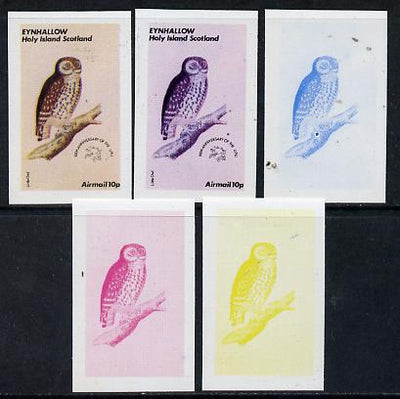 Eynhallow 1974 Owls (UPU Centenary) 10p (Little Owl) set of 5 imperf progressive colour proofs comprising 3 individual colours (red, blue & yellow) plus 3 and all 4-colour composites unmounted mint