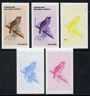 Eynhallow 1974 Owls (UPU Centenary) 15p (Scops-Eared Owl) set of 5 imperf progressive colour proofs comprising 3 individual colours (red, blue & yellow) plus 3 and all 4-colour composites unmounted mint