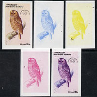 Eynhallow 1974 Owls (UPU Centenary) 25p (Tawny Owl) set of 5 imperf progressive colour proofs comprising 3 individual colours (red, blue & yellow) plus 3 and all 4-colour composites unmounted mint