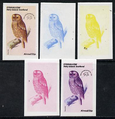 Eynhallow 1974 Owls (UPU Centenary) 25p (Tawny Owl) set of 5 imperf progressive colour proofs comprising 3 individual colours (red, blue & yellow) plus 3 and all 4-colour composites unmounted mint