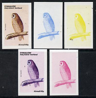 Eynhallow 1974 Owls (UPU Centenary) 40p (Short-Eared Owl) set of 5 imperf progressive colour proofs comprising 3 individual colours (red, blue & yellow) plus 3 and all 4-colour composites unmounted mint