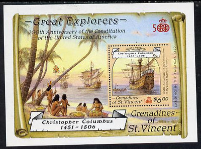 St Vincent - Grenadines 1988 Explorers the unissued $6 m/sheet (Santa Maria) with stamp perforated on three sides only (imperf at right) unmounted mint.