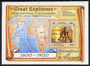 St Vincent - Grenadines 1988 Explorers $5 m/sheet (Sextant) with stamp perforated on three sides only (imperf at right) unmounted mint.