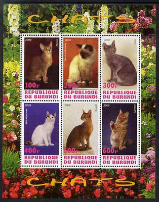 Burundi 2009 Domestic Cats #2 perf sheetlet containing 6 values unmounted mint