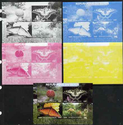 Benin 2009 Mushrooms and Butterflies #1 sheetlet containing 4 values - the set of 5 imperf progressive proofs comprising the 4 individual colours plus all 4-colour composite, unmounted mint