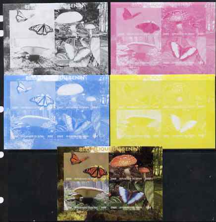 Benin 2009 Mushrooms and Butterflies #2 sheetlet containing 4 values - the set of 5 imperf progressive proofs comprising the 4 individual colours plus all 4-colour composite, unmounted mint