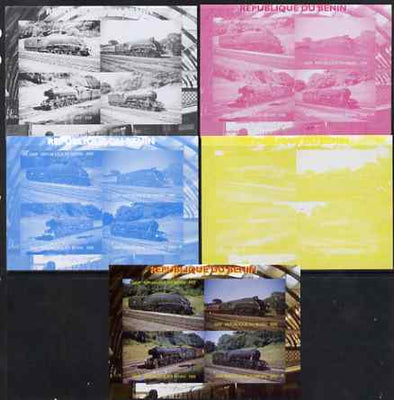 Benin 2009 Steam Locomotives sheetlet containing 4 values - the set of 5 imperf progressive proofs comprising the 4 individual colours plus all 4-colour composite, unmounted mint