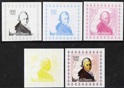 Guinea - Bissau 2006 Mozart #3 individual deluxe sheet - the set of 5 imperf progressive proofs comprising the 4 individual colours plus all 4-colour composite, unmounted mint