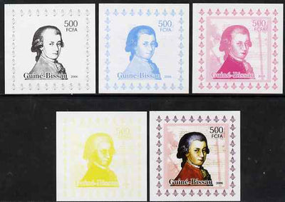 Guinea - Bissau 2006 Mozart #4 individual deluxe sheet - the set of 5 imperf progressive proofs comprising the 4 individual colours plus all 4-colour composite, unmounted mint