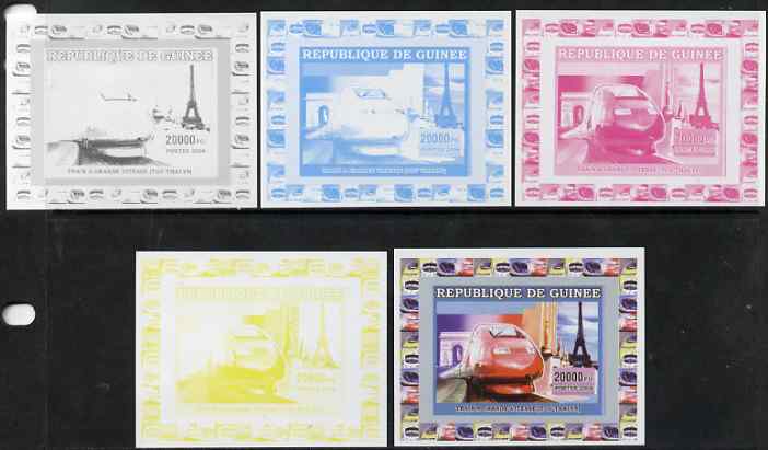 Guinea - Conakry 2006 High Speed Trains #2 - TGV individual deluxe sheet - the set of 5 imperf progressive proofs comprising the 4 individual colours plus all 4-colour composite, unmounted mint
