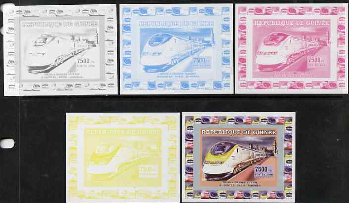 Guinea - Conakry 2006 High Speed Trains #3 - Eurostar Paris - London individual deluxe sheet - the set of 5 imperf progressive proofs comprising the 4 individual colours plus all 4-colour composite, unmounted mint