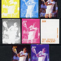 St Vincent - Bequia 1988 International Tennis Players 80c (Jimmy Connors) set of 8 imperf progressive proofs comprising the 5 individual colours plus 2, 4 and all 5 colour composites unmounted mint*