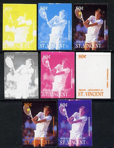 St Vincent - Bequia 1988 International Tennis Players 80c (Jimmy Connors) set of 8 imperf progressive proofs comprising the 5 individual colours plus 2, 4 and all 5 colour composites unmounted mint*
