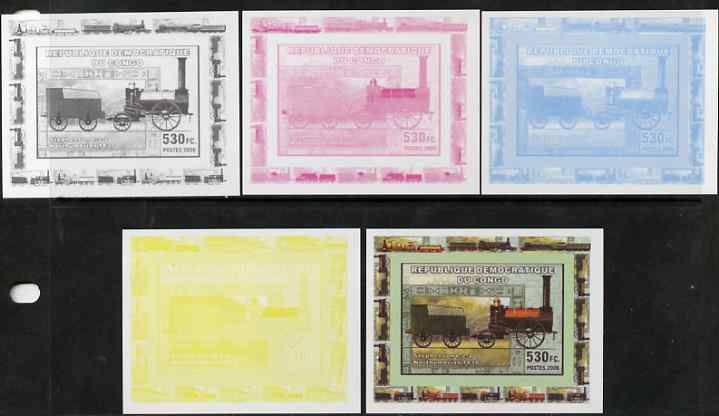 Congo 2006 Transport - British Steam Locos #2 - Stephenson 0-2-2 individual deluxe sheet - the set of 5 imperf progressive proofs comprising the 4 individual colours plus all 4-colour composite, unmounted mint