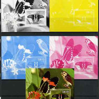 Djibouti 2006 Owl & Butterfly #2 s/sheet - the set of 5 imperf progressive proofs comprising the 4 individual colours plus all 4-colour perf composite unmounted mint