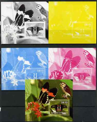 Djibouti 2006 Owl & Butterfly #2 s/sheet - the set of 5 imperf progressive proofs comprising the 4 individual colours plus all 4-colour perf composite unmounted mint