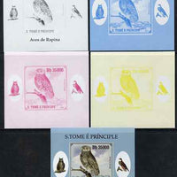 St Thomas & Prince Islands 2009 Raptors - Powerful Owl individual deluxe sheet - the set of 5 imperf progressive proofs comprising the 4 individual colours plus all 4-colour composite, unmounted mint