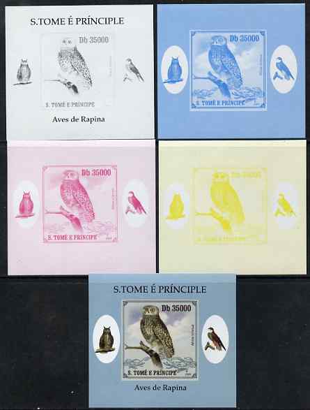 St Thomas & Prince Islands 2009 Raptors - Powerful Owl individual deluxe sheet - the set of 5 imperf progressive proofs comprising the 4 individual colours plus all 4-colour composite, unmounted mint