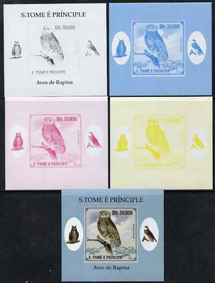 St Thomas & Prince Islands 2009 Raptors - Powerful Owl individual deluxe sheet - the set of 5 imperf progressive proofs comprising the 4 individual colours plus all 4-colour composite, unmounted mint