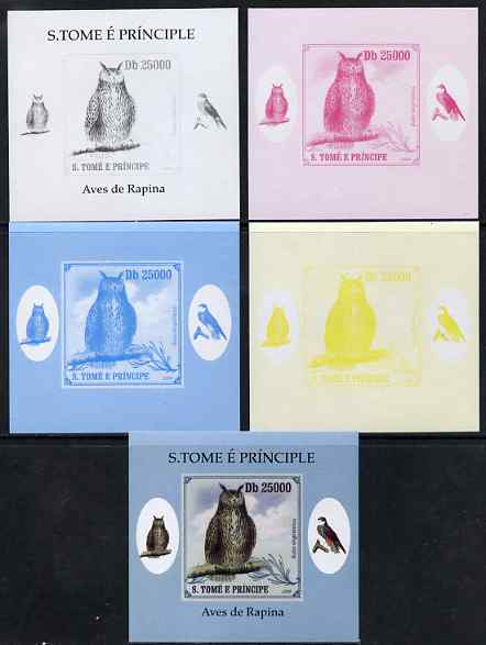 St Thomas & Prince Islands 2009 Raptors - Great Horned Owl individual deluxe sheet - the set of 5 imperf progressive proofs comprising the 4 individual colours plus all 4-colour composite, unmounted mint
