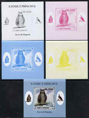 St Thomas & Prince Islands 2009 Raptors - Great Horned Owl individual deluxe sheet - the set of 5 imperf progressive proofs comprising the 4 individual colours plus all 4-colour composite, unmounted mint
