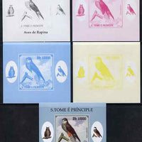 St Thomas & Prince Islands 2009 Raptors - Eurasian Hobby individual deluxe sheet - the set of 5 imperf progressive proofs comprising the 4 individual colours plus all 4-colour composite, unmounted mint