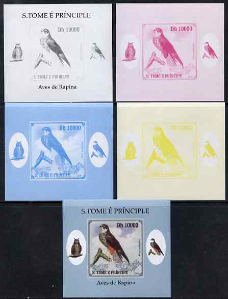 St Thomas & Prince Islands 2009 Raptors - Eurasian Hobby individual deluxe sheet - the set of 5 imperf progressive proofs comprising the 4 individual colours plus all 4-colour composite, unmounted mint