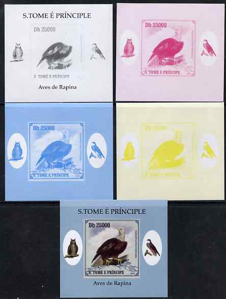St Thomas & Prince Islands 2009 Raptors - Bald Eagle individual deluxe sheet - the set of 5 imperf progressive proofs comprising the 4 individual colours plus all 4-colour composite, unmounted mint