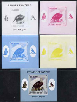 St Thomas & Prince Islands 2009 Raptors - Bald Eagle individual deluxe sheet - the set of 5 imperf progressive proofs comprising the 4 individual colours plus all 4-colour composite, unmounted mint