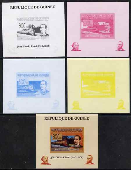 Guinea - Conakry 2008 Atchison, Topeka & Santa Fe Railway - John Shedd Reed & Southern Pacific Train individual deluxe sheet - the set of 5 imperf progressive proofs comprising the 4 individual colours plus all 4-colour composite, unmounted mint
