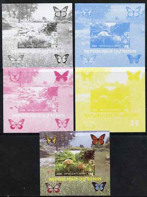 Benin 2009 Mushrooms and Butterflies #1 individual deluxe sheet - the set of 5 imperf progressive proofs comprising the 4 individual colours plus all 4-colour composite, unmounted mint