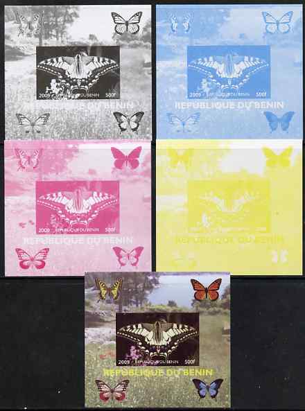 Benin 2009 Butterflies #1 individual deluxe sheet - the set of 5 imperf progressive proofs comprising the 4 individual colours plus all 4-colour composite, unmounted mint