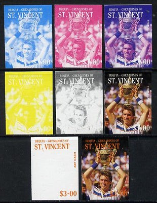 St Vincent - Bequia 1988 International Tennis Players $3 (Pat Cash) set of 8 imperf progressive proofs comprising the 5 individual colours plus 2, 4 and all 5 colour composites unmounted mint*