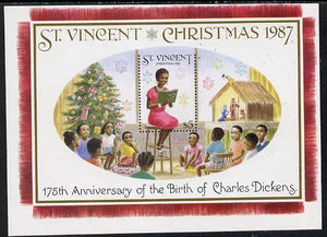St Vincent 1987 Christmas (Charles Dickens) m/sheet (Teacher reading to Class) $5 stamp perf on 3 sides only (imperf at top) unmounted mint as SG MS 1124