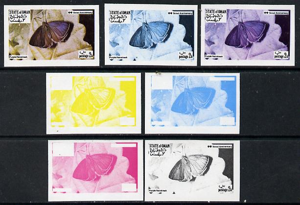 Oman 1974? Scout Anniversary - Butterflies 1b (Purple Hairstreak) set of 7 imperf progressive colour proofs comprising the 4 individual colours plus 2, 3 and all 4-colour composites unmounted mint