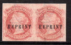 South Australia 1860 imperf pair of 2s carmine (SG 86/7) on watermarked Crown SA paper, each impression opt'd REPRINT (originals c £320)