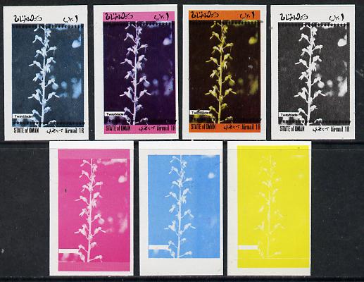 Oman 1973 Orchids (With Scout Emblems) 1R (Twayblade) set of 7 imperf progressive colour proofs comprising the 4 individual colours plus 2, 3 and all 4-colour composites unmounted mint