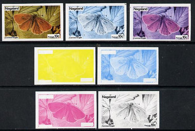 Nagaland 1974 Butterflies 10c (Common Ringlet) set of 7 imperf progressive colour proofs comprising the 4 individual colours plus 2, 3 and all 4-colour composites unmounted mint