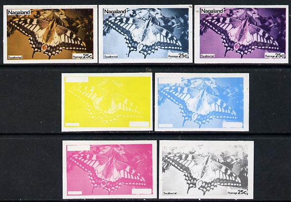 Nagaland 1974 Butterflies 25c (Swallowtail) set of 7 imperf progressive colour proofs comprising the 4 individual colours plus 2, 3 and all 4-colour composites unmounted mint