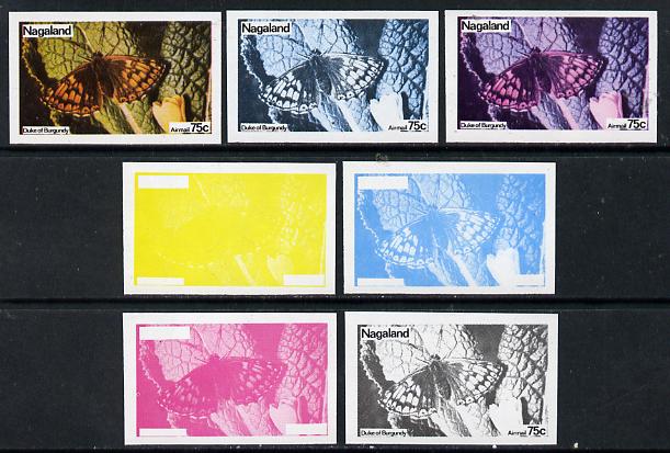 Nagaland 1974 Butterflies 75c (Duke of Burgundy) set of 7 imperf progressive colour proofs comprising the 4 individual colours plus 2, 3 and all 4-colour composites unmounted mint